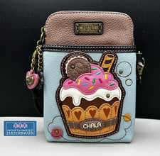 BOLSO BANDOLERA MONEDERO CUPCAKE POSTRE COMIDA CELULAR AZUL CHALA