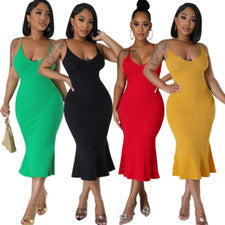 Vestido para mujer de verano liso cuello bajo informal moda ajustado vestido caído