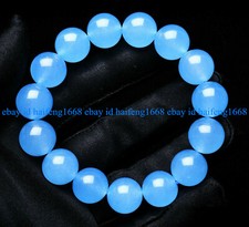 6/8/10/12/14mm Natürlich Blau Chalcedon Rund Edelstein Dehnbar Armband 7.5"