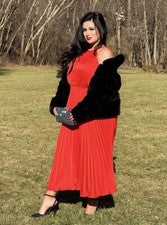 Lujoso Vestido Para Mujer Rojo Plisado Cuello Halter Verano Diseñador Vestido - Totalmente Nuevo