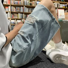 Pantalones cortos informales de cinco puntos sueltos sueltos de moda con perforación para hombre