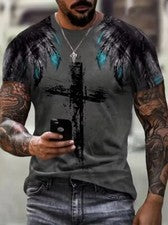 Camisetas Jesús Cruz Cristiana Alas Ángel Negro Gris Estampado Gráfico Moda Gris