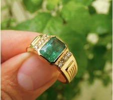Anillo Esmeralda Natural Oro Amarillo Sólido 14k Anillo Diamante Esmeralda