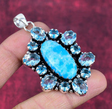 Colgante de joyería de plata de ley 925 hecho a mano con piedras preciosas de topacio azul Larimar único