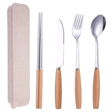 Juego de utensilios portátiles con estuche - Juego de cubiertos reutilizables con mango de madera de 4 piezas 6058