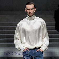 Moda Cuello Alto Suelto Seda Brillante Cortina Manga Larga Camiseta Para Hombre Camisas