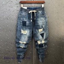 Moda Para Hombres Cintura Elástica Agujeros Rasgados Jeans Ajustados Retro Harén Pantalones Informales