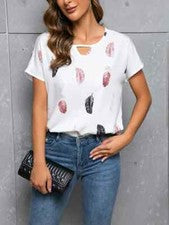 Camisetas Estampado Plumas Blusa Manga Corta Informal Blanco Camiseta Moda Mujer