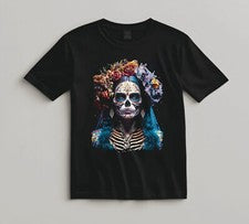 Camisa Hombre Día de Muertos Camiseta Negra Esqueleto Calavera Mujer Arte Mexicano Catrina