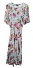 Vestido Anna Rose Midi Reino Unido 16 Azul Floral Elastizado Manga Corta Cuello Redondo Cinturón
