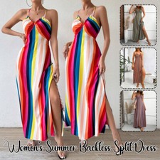 Mujeres Verano Patrón Étnico Espalda Sin Espalda Muslo Dividido Vestido Boho Moda Vestido Largo