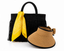 Conjunto de playa de 3 piezas para mujer - Bolso de mano de paja, sombrero parasol y bufanda de moda