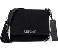 Bolso Bandolera Replay FW3001.009 Negro Gamuza Solapa Cadena Correa ~ Nuevo con Etiquetas