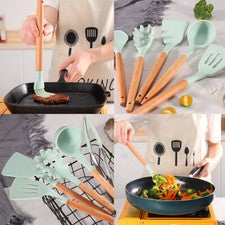 Juego de utensilios de cocina de 11 piezas con mango de madera de silicona resistente al calor EE. UU.