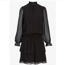 Mini vestido Express con volantes para mujer pequeño en capas negro transparente manga globo
