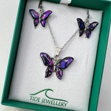 Mariposa Paua Shell Púrpura Collar Colgante Pendientes Conjunto Marea Joyería Abulón