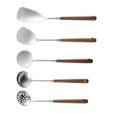 5 Piezas Utensilios de Cocina de Acero Inoxidable con Mangos de Madera de Nogal para Cocina
