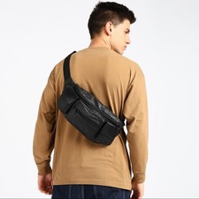 Riñonera de cuero cinturón bolsa cintura cadera bolso de viaje grande para hombre mujer negro nuevo