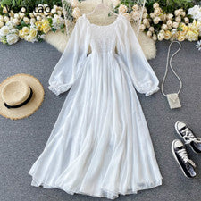 Women Elegant White Fairy Chiffon Long Slash Neck Off Shoulder Boho Maxi Dress