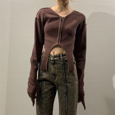 Camiseta Top Mujer Moda Tendencia Irregular Cuello en V Cremallera Color Sólido Manga Larga