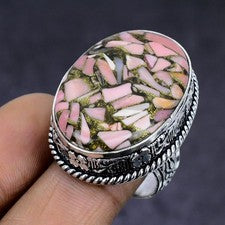 Anillo de joyería de regalo de plata de ley 925 con piedras preciosas de ópalo rosa cobre talla 8 u586