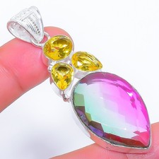 Turmalina bicolor, piedras preciosas de citrino 925 colgante de joyería de pl...