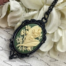 Collar Colgante Verano Camafeo Lirio Verde del Valle Negro Dije Regalo Boda