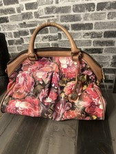 Raro Bolso de Mano Brahmin Rosa Hemingway Rosa Con Borde de Cuero Tostado