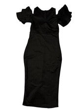 Vestido Negro Sirena Fit con Mangas Acampanadas con Volantes, Mujer Talla Pequeña, Moda