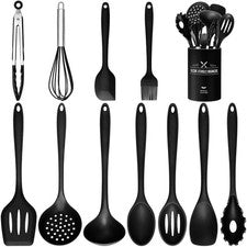 Juego de utensilios de cocina de silicona - 12 piezas de cocina con medio, negro