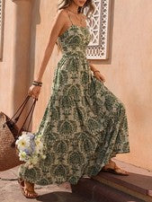Vestido largo casual de mujer estilo vacacional con estampado de plantas