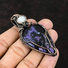 Regalo para ella colgante envuelto en alambre de joyería de piedras preciosas charoite rusas de cobre 2,87"