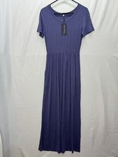 Maxi Vestido Clásico Moda Para Mujer Pequeño Púrpura Gris Manga Corta Con Bolsillos
