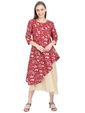Vestido largo Kurti de diseñador de rayón y algodón asimétrico en capas Yaanvi para mujer