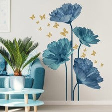 Pegatinas de pared grandes flores azules calcomanías mariposas doradas arte mural decoración del hogar