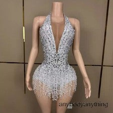 Sexy Mini Vestido Para Mujer Halter Estrás Borla Profundo Cuello en V Delgado Corto Club Nocturno