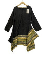 Mini Vestido Minibee Mezcla de Lino Para Mujer L Negro Bolsillos Asimétricos Manga Larga