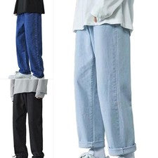 Pantalones de mezclilla informales de pierna recta sueltos con cordón en la cintura mezcla de poliéster para hombre
