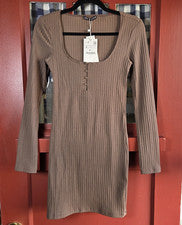 Mini Vestido Zara Para Mujer Marrón Manga Larga Body Con Botones Talla S Nuevo Con Etiquetas