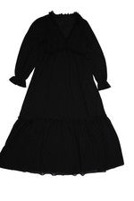 Vestido de moda Pinup para mujer pequeño negro manga larga volantes cuello en V dobladillo en capas