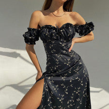 Sexy Vestido Para Mujer Elegante Moda Fuera del Hombro Medio Largo Floral Vestido