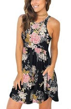 WNEEDU Mujer Camiseta Vestido Liso Plisado Tanque Vestido (M, Floral Negro Rosa)