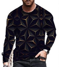 Camisetas Hombres Manga Larga Negro Oro Metal Gráfico Moda Sedoso Suave Camiseta