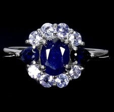Anillo de plata de ley 925 de zafiro azul natural de 1,5 quilates y tanzanita de 0,56 quilates talla 6,75 quilates