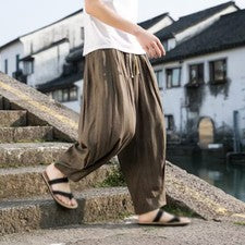 Pantalones de pierna ancha informales harén sueltos de lino algodón estilo étnico chino para hombre