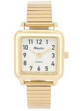Reloj expansor cuadrado de acero inoxidable Ravel para dama - dorado/blanco