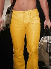 Nuevo pantalón de cuero para hombre hecho a mano piel de cordero genuina elegante informal amarillo único