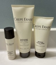 Tratamiento facial restaurador Crepe Erase complejo Trufirm y exfoliante y esmalte corporal