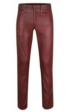Hombres CUERO DE VACA GENUINO Jeans Estilo 5 Bolsillos Moto Borgoña Pantalones