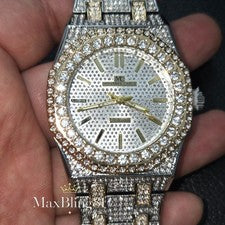 Reloj de Metal Para Hombre Lujo Dos Tonos Brillante Diamante Simulado Estilo Hip Hop Helado